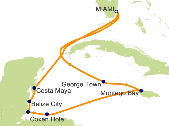 Carte de l’itinéraire Seven Seas Grandeur, Miami → Miami