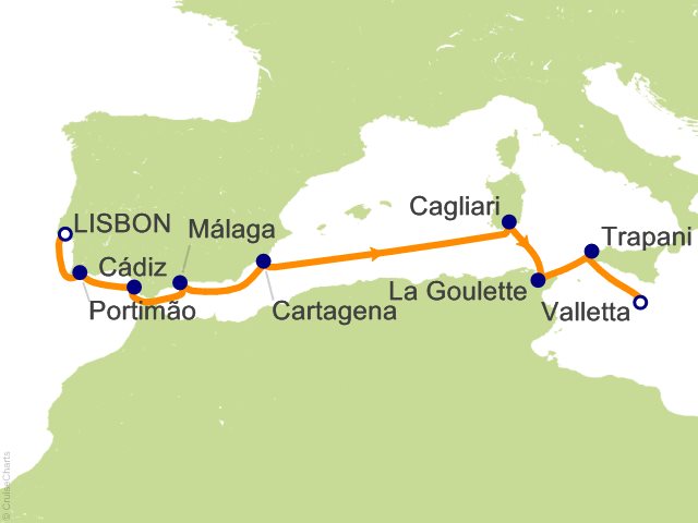 Carte de l’itinéraire Seven Seas Grandeur, Lisbonne → Valletta
