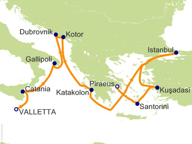Carte de l’itinéraire Seven Seas Grandeur, Valletta → Athènes (Le Pirée)