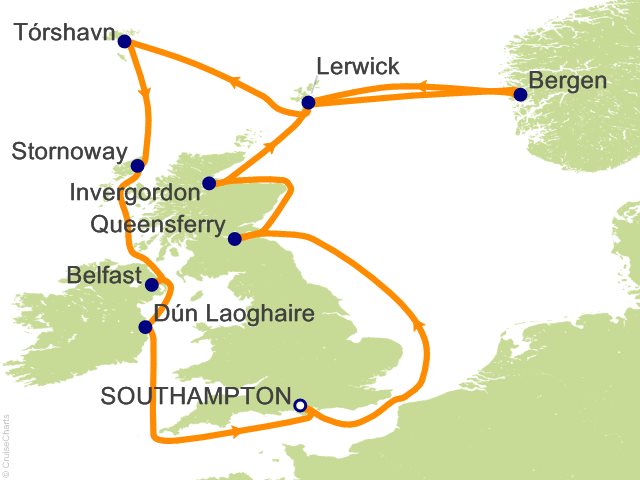 Carte de l’itinéraire Seven Seas Grandeur, Aller-retour au départ de Londres (Southampton) → Roundtrip Londres (Southampton)