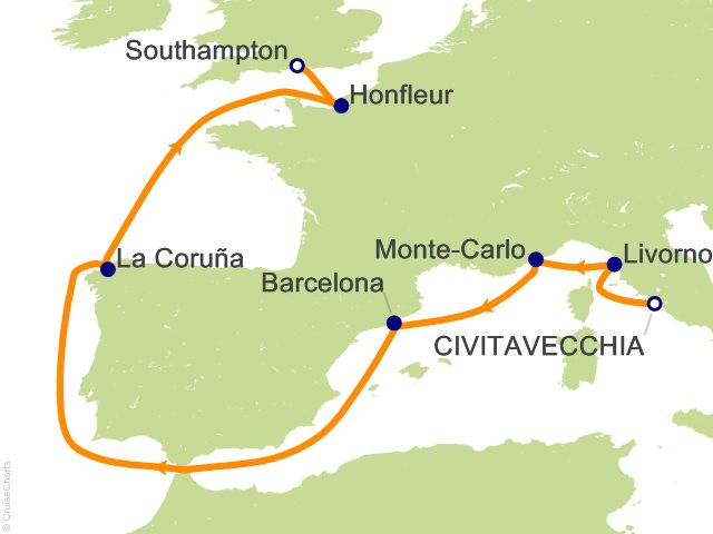 Carte de l’itinéraire Seven Seas Grandeur, Rome (Civitavecchia) → Londres (Southampton)