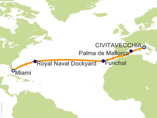 Carte de l’itinéraire Seven Seas Grandeur, Rome (Civitavecchia) → Miami