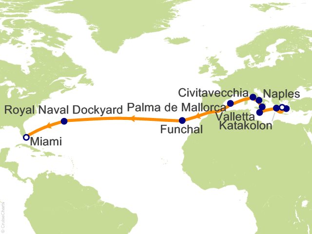 Carte de l’itinéraire Seven Seas Grandeur, Athènes (Le Pirée) → Miami