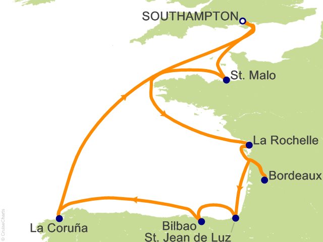 Carte de l’itinéraire Seven Seas Grandeur, Aller-retour au départ de Londres (Southampton) → Roundtrip Londres (Southampton)