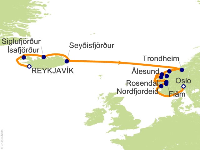 Carte de l’itinéraire Seven Seas Grandeur, Reykjavík → Oslo