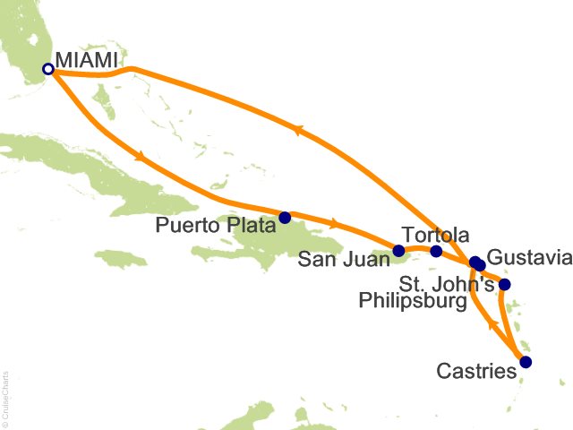 Carte de l’itinéraire Seven Seas Grandeur, Aller-retour au départ de Miami → Roundtrip Miami