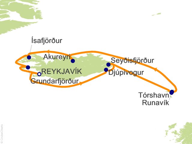 Carte de l’itinéraire Seven Seas Grandeur, Aller-retour au départ de Reykjavík → Roundtrip Reykjavík