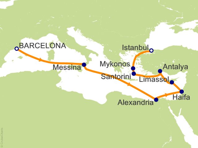 Carte de l’itinéraire Seven Seas Grandeur, Barcelone → Istanbul, Turquie