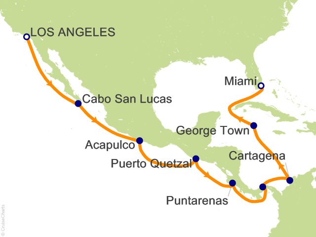 Carte de l’itinéraire Seven Seas Grandeur, Los Angeles (San Pedro) → Miami
