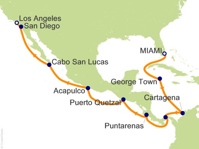 Carte de l’itinéraire Seven Seas Grandeur, Miami → Los Angeles