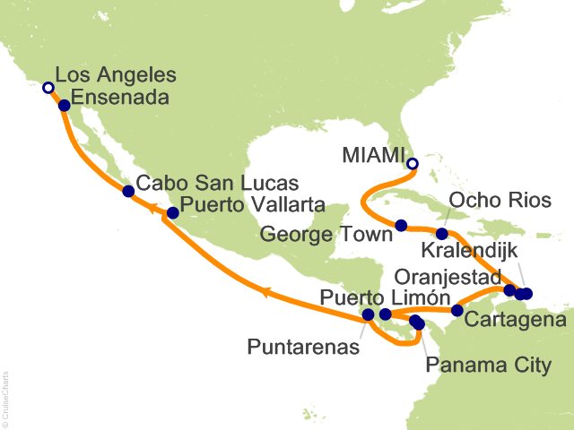 Carte de l’itinéraire Seven Seas Grandeur, Miami → Los Angeles (San Pedro)