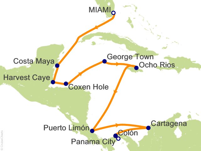Carte de l’itinéraire Seven Seas Grandeur, Miami → Panama