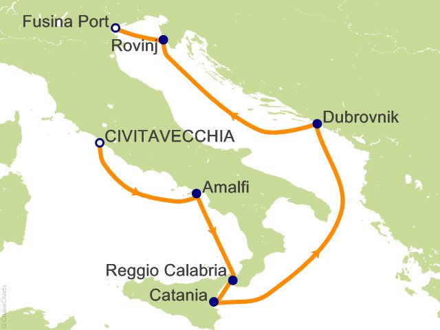 Carte de l’itinéraire Seven Seas Grandeur, Rome (Civitavecchia) → Venise (Fusina)