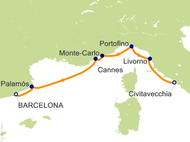Carte de l’itinéraire Seven Seas Grandeur, Barcelone → Rome (Civitavecchia)
