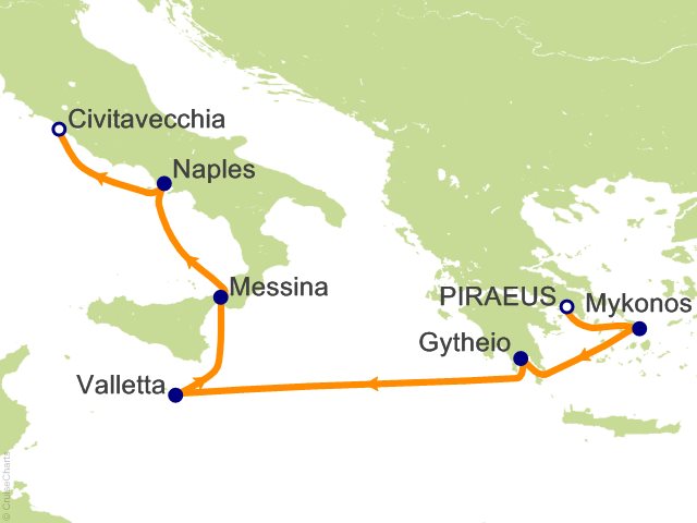 Carte de l’itinéraire Seven Seas Grandeur, Athènes (Le Pirée) → Rome (Civitavecchia)