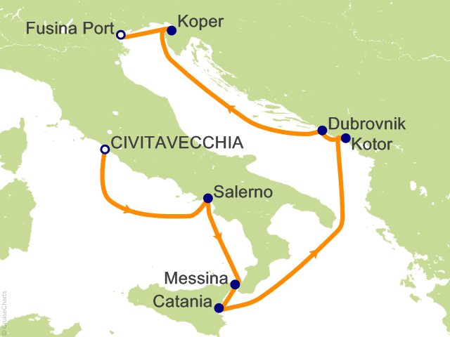 Carte de l’itinéraire Seven Seas Grandeur, Rome (Civitavecchia) → Venise (Fusina)