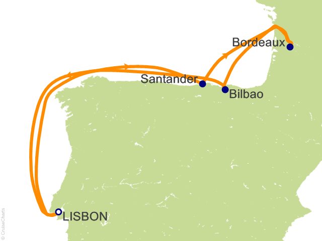 Carte de l’itinéraire Seven Seas Grandeur, Lisbonne → Lisbonne