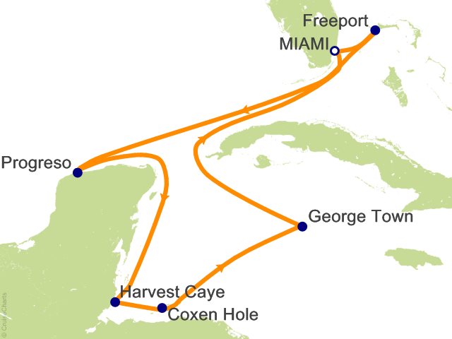 Carte de l’itinéraire Seven Seas Grandeur, Miami → Miami