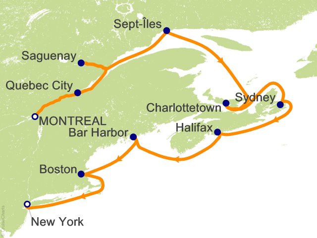 Carte de l’itinéraire Seven Seas Grandeur, Montréal → New York
