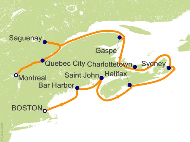 Carte de l’itinéraire Seven Seas Grandeur, Boston → Montréal