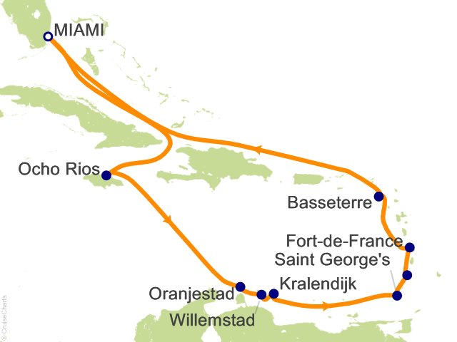 Carte de l’itinéraire Seven Seas Grandeur, Miami → Miami