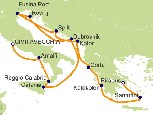 Carte de l’itinéraire Seven Seas Grandeur, Rome (Civitavecchia) → Athènes (Le Pirée)