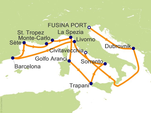 Carte de l’itinéraire Seven Seas Grandeur, Venise (Fusina) → Rome (Civitavecchia)