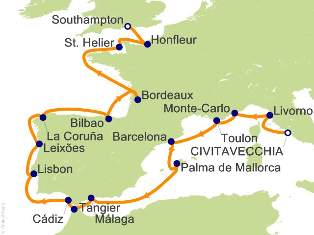 Carte de l’itinéraire Seven Seas Grandeur, Rome (Civitavecchia) → Londres (Southampton)