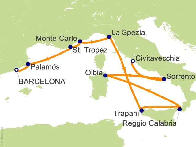 Carte de l’itinéraire Seven Seas Grandeur, Barcelone → Rome (Civitavecchia)