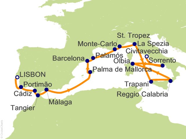 Carte de l’itinéraire Seven Seas Grandeur, Lisbonne → Rome (Civitavecchia)