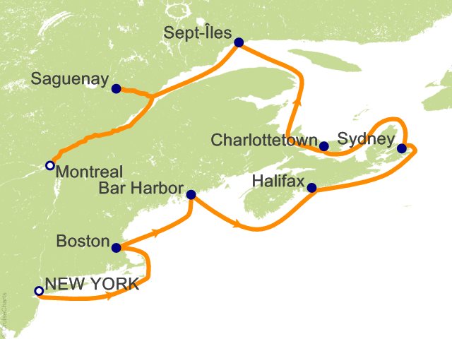 Carte de l’itinéraire Seven Seas Grandeur, New York → Montréal