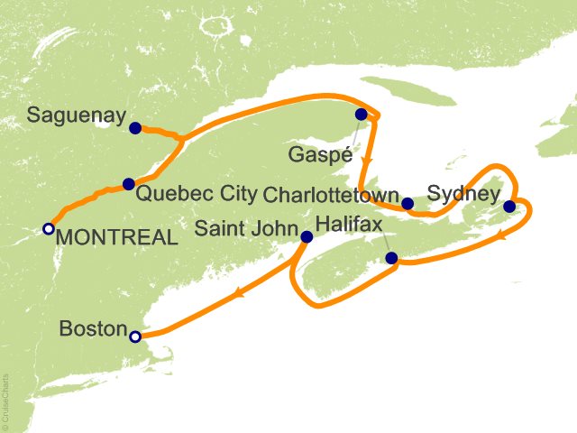 Carte de l’itinéraire Seven Seas Grandeur, Montréal → Boston