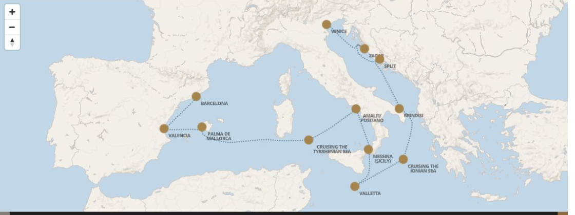 Carte de l’itinéraire Seven Seas Grandeur, Venise (Fusina) → Barcelone