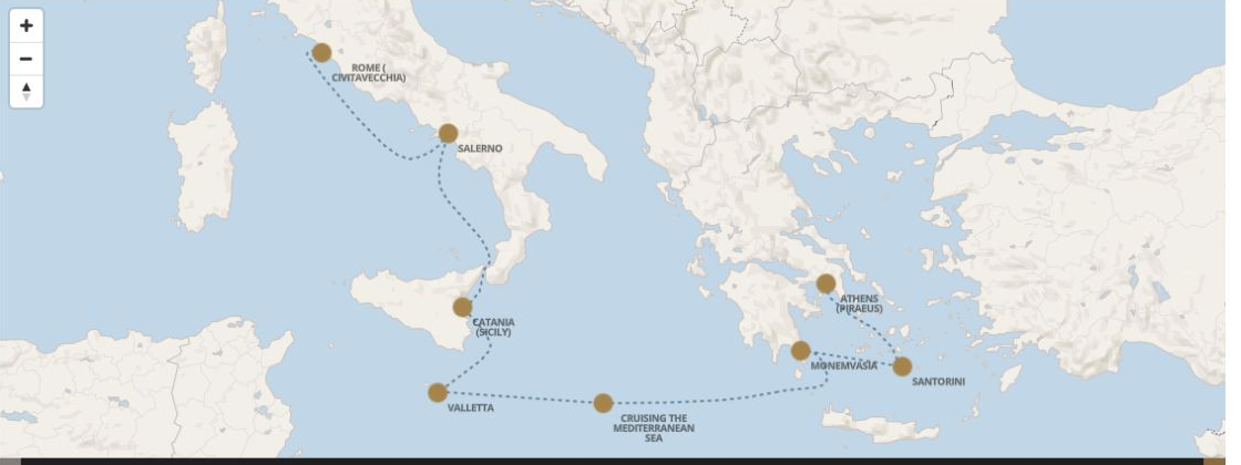 Carte de l’itinéraire Seven Seas Grandeur, Athènes (Le Pirée) → Rome (Civitavecchia)