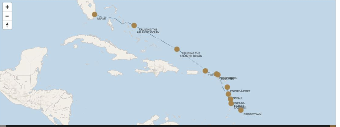 Carte de l’itinéraire Seven Seas Grandeur, Bridgetown → Miami