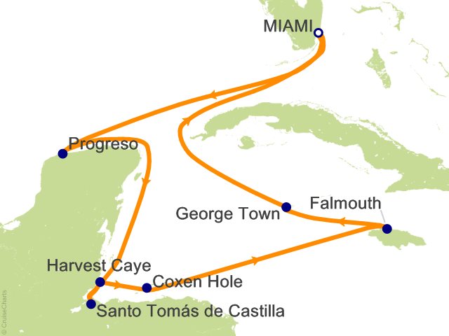 Carte de l’itinéraire Seven Seas Prestige, Miami → Miami