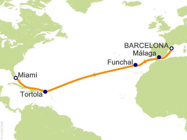 Carte de l’itinéraire Seven Seas Prestige, Barcelone → Miami