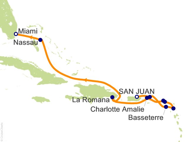 Carte de l’itinéraire Seven Seas Prestige, San Juan → Miami