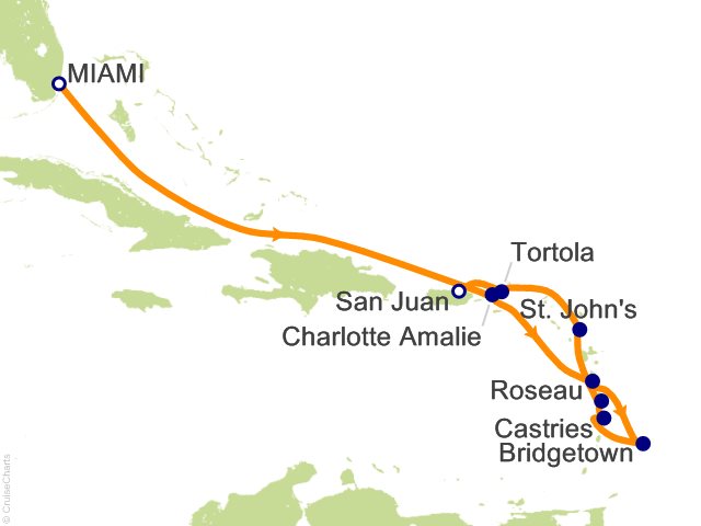 Carte de l’itinéraire Seven Seas Prestige, Miami → San Juan