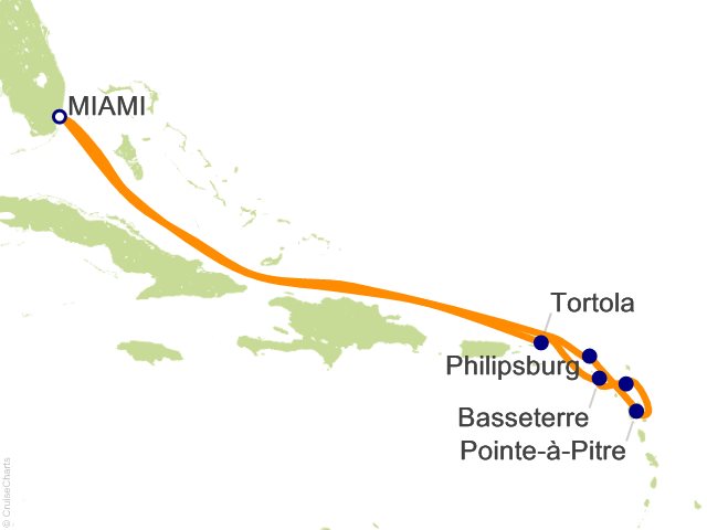 Carte de l’itinéraire Seven Seas Prestige, Miami → Miami