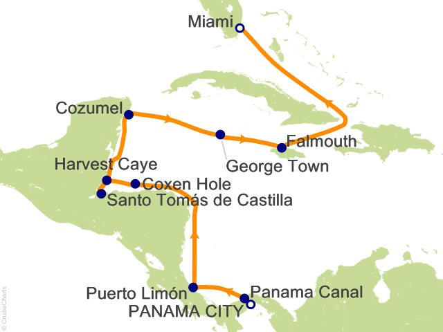 Carte de l’itinéraire Seven Seas Prestige, Panama → Miami