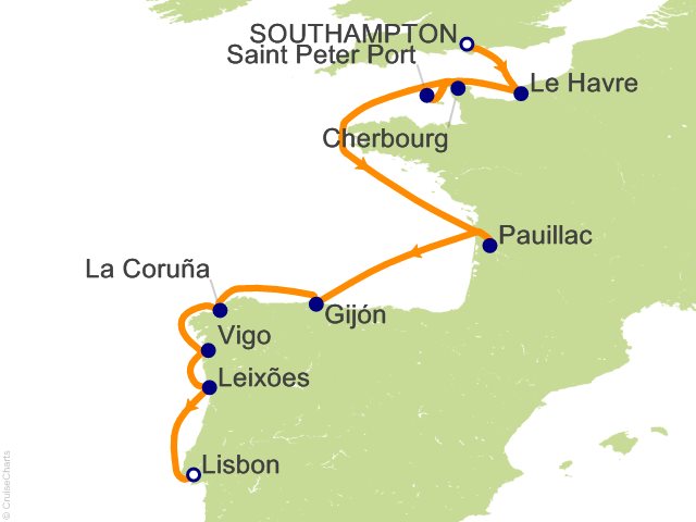 Carte de l’itinéraire Seven Seas Prestige, Londres (Southampton) → Lisbonne