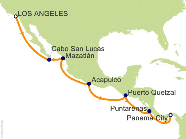 Carte de l’itinéraire Seven Seas Prestige, Los Angeles → Panama