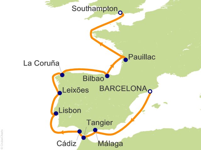 Carte de l’itinéraire Seven Seas Prestige, Barcelone → Londres (Southampton)