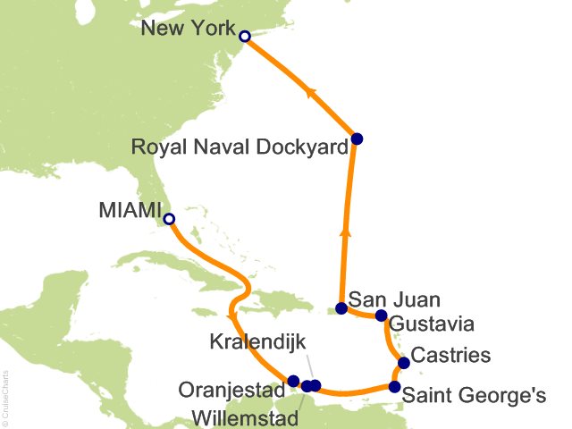 Carte de l’itinéraire Seven Seas Prestige, Miami → New York