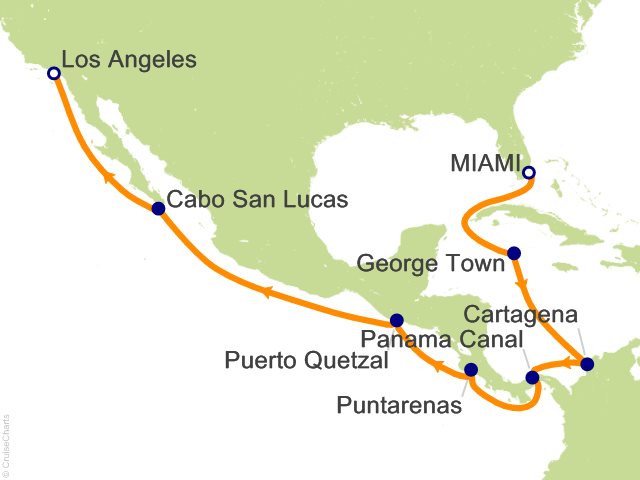 Carte de l’itinéraire Seven Seas Prestige, Miami → Los Angeles