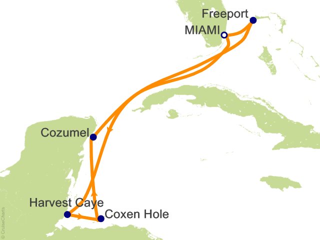 Carte de l’itinéraire Seven Seas Prestige, Miami → Miami