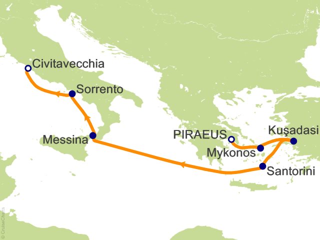 Carte de l’itinéraire Seven Seas Prestige, Athènes (Le Pirée) → Rome (Civitavecchia)