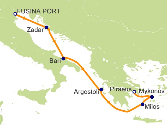 Carte de l’itinéraire Seven Seas Prestige, Trieste → Athènes (Le Pirée)