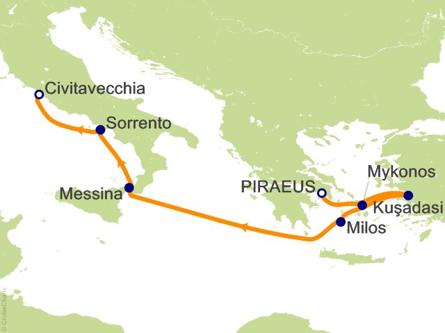 Carte de l’itinéraire Seven Seas Prestige, Athènes (Le Pirée) → Rome (Civitavecchia)